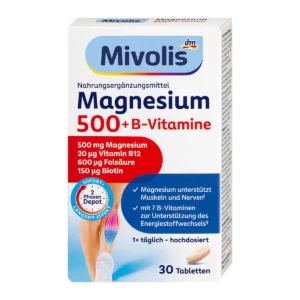 Mivolis Magnesium 500 B Vitamine مكمل مغنيسيوم وفيتامين B لدعم العضلات والأعصاب-مغنيسيوم 500 مكمل غذائي لدعم النشاط اليومي وصحة العضلات والأعصاب-mivolis magnesium-magnesium 500-magnesium 500 mg فوائد-magnesium 500 b vitamine-مغنيسيوم 500