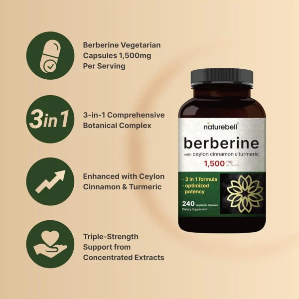 مكمل غذائي البربرين مع قرفة سيلان وكركم من NatureBell لدعم توازن سكر الدم واستجابة الانسولين، ودعم إدارة الوزن - berberine ماهو - فوائد مكمل البربرين - اقراص البربرين - berberine side effects - تجربتي مع البربرين