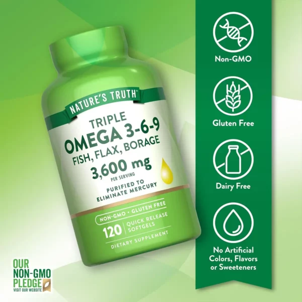 تريبل أوميجا 369 أو أوميجا 369 تربل من Nature’s Truth Omega 3 6 9 هو المكمل الغذائي أوميجا الذي يجمع بين أوميجا 3 و6 و9 في تركيبة واحدة، ويُعرف أيضًا باسم تربل أوميغا 3 6 9 أو أوميجا تربل، مع توضيح الفرق بين أوميجا 3 وأوميجا 3 6 9، وفوائد أوميغا 3 6 9 للرجال، وأهم أضرار أوميجا 3 6 9 المحتملة عند الاستخدام غير المناسب.