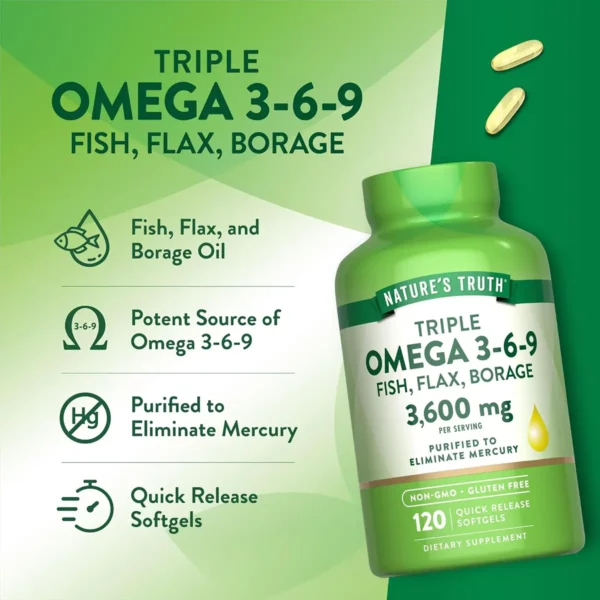 تريبل أوميجا 369 أو أوميجا 369 تربل من Nature’s Truth Omega 3 6 9 هو المكمل الغذائي أوميجا الذي يجمع بين أوميجا 3 و6 و9 في تركيبة واحدة، ويُعرف أيضًا باسم تربل أوميغا 3 6 9 أو أوميجا تربل، مع توضيح الفرق بين أوميجا 3 وأوميجا 3 6 9، وفوائد أوميغا 3 6 9 للرجال، وأهم أضرار أوميجا 3 6 9 المحتملة عند الاستخدام غير المناسب.